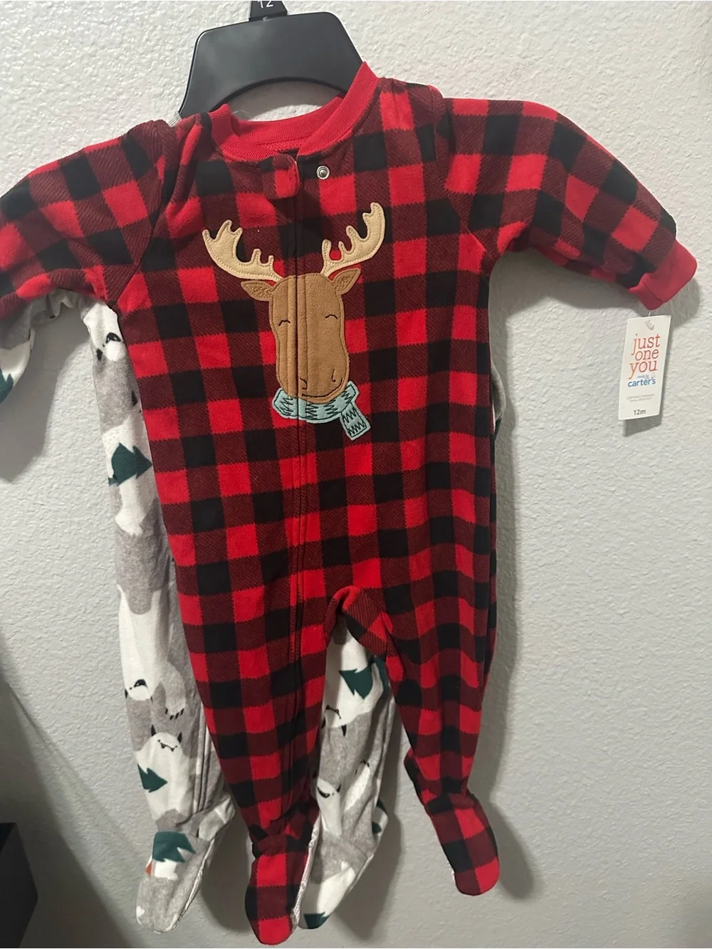 Carter's Red and Black Buffalo Plaid Moose Footed One-Piece